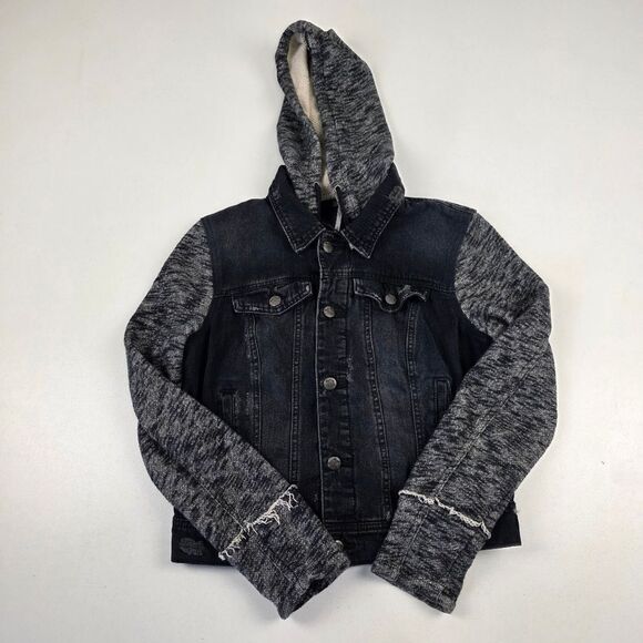 Free People Cropped Denim Button Up Jacket Sz Small Distressed Detachable Hood - Picture 3 of 12